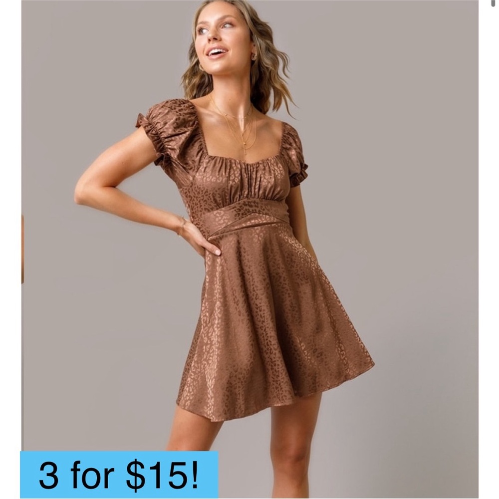 Francesca's Beatrice Satin Jacquard Mini Dress Puff Sleeves Bronze ALEENA50RO
